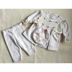 Vintage 90s It's Baby 3-Piece Pants Set Girls Size 6-12M White Lace Rosettes